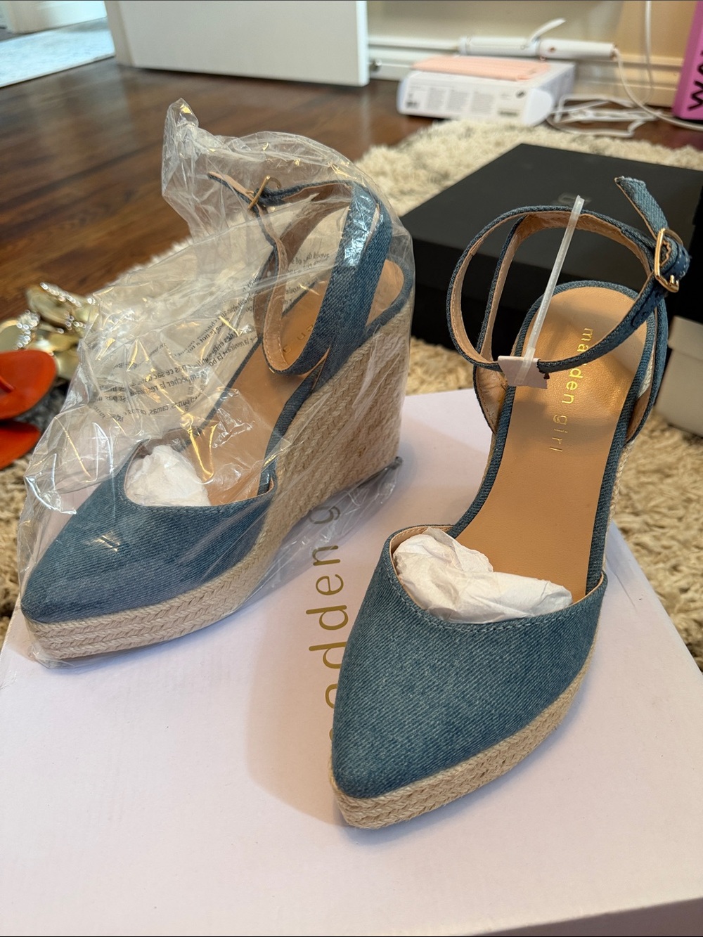 Madden Girl Denim Espadrille Ankle-Strap Wedges